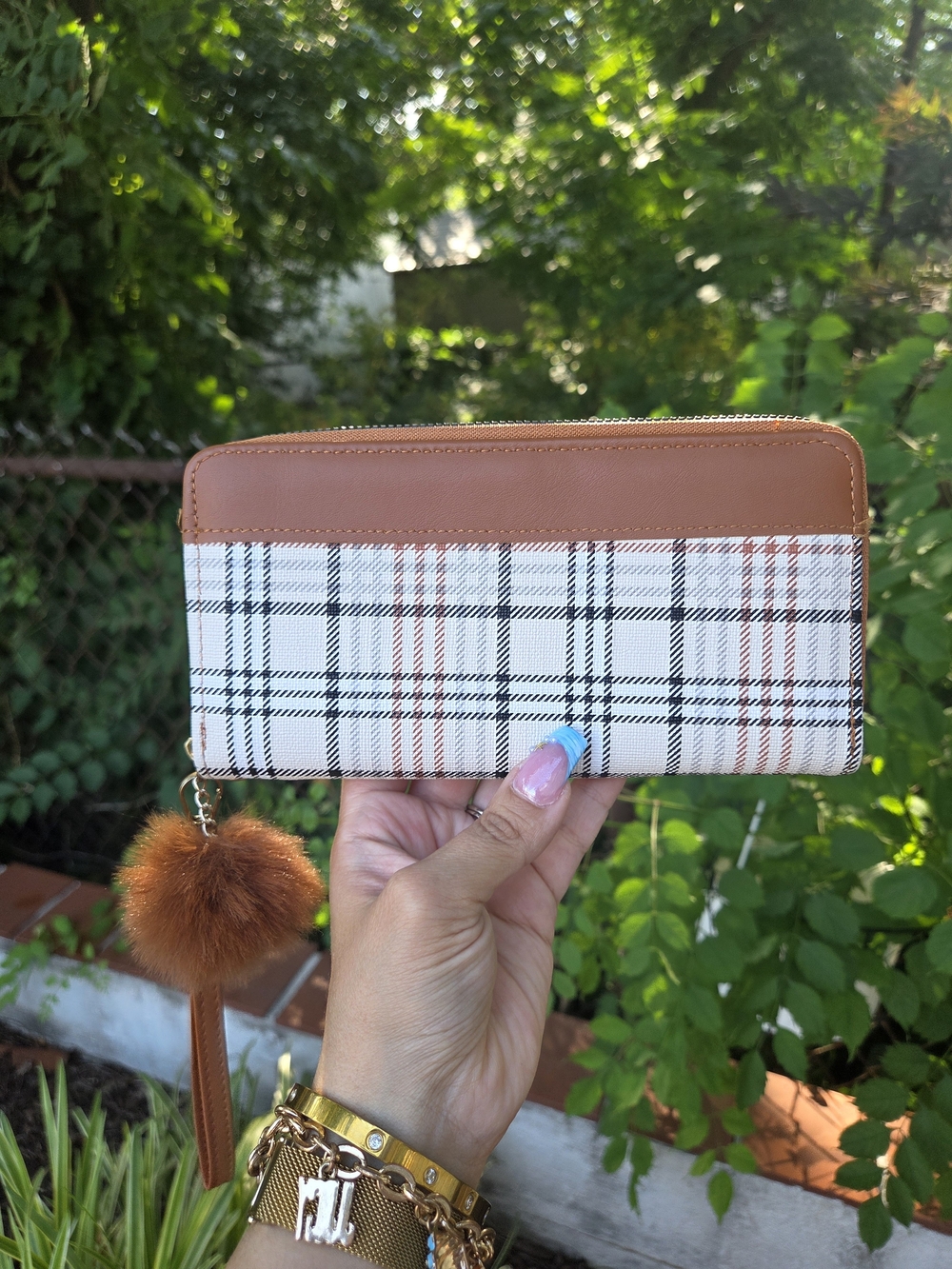 Plaid Zip Around Wallet Brown White Check Pom Pom Wristlet New Without Tags